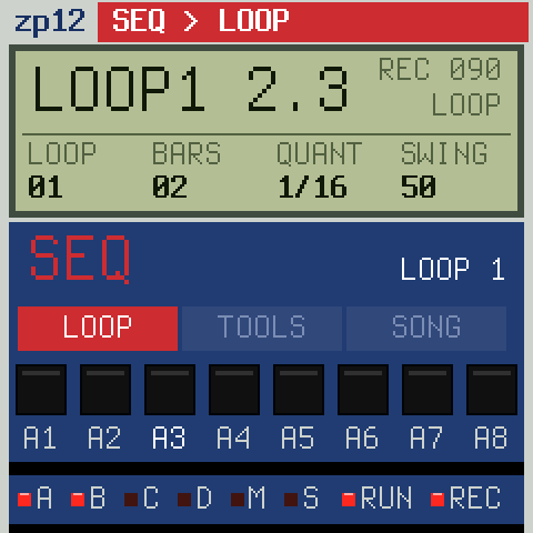 The zp12 screen on the FM-1: recording loop 1
